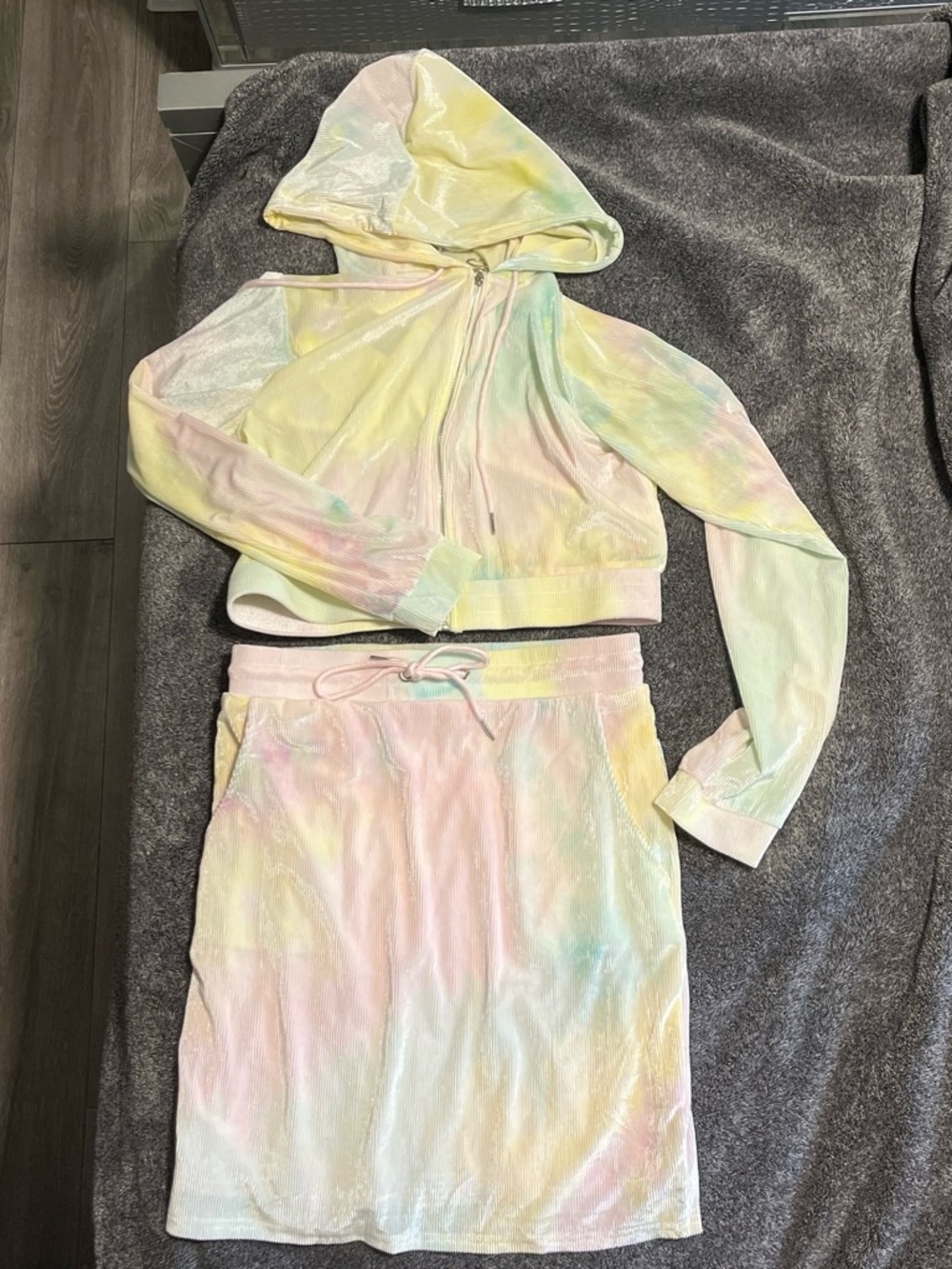 Pastel Tie-Dye Hooded Zip Jacket and Skirt Set